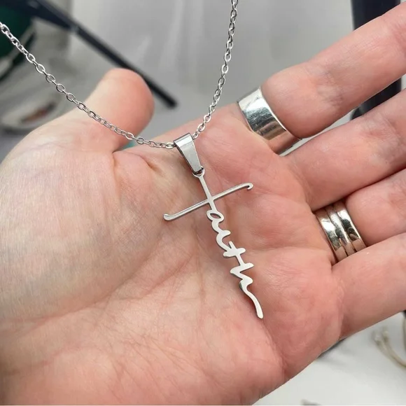 New Stainless Steel Cursive Faith Cross Religious Silver Minimalist Necklace - Picture 13 of 13